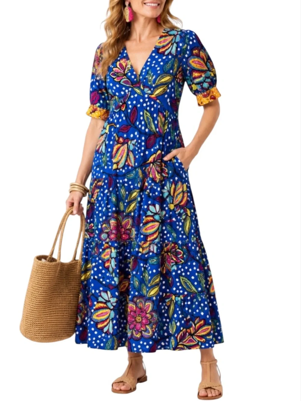 Tabitha Brown Floral Dot Statement Tiered Maxi Dress Whimsy Garden Party Artsy 8 - Picture 1 of 16